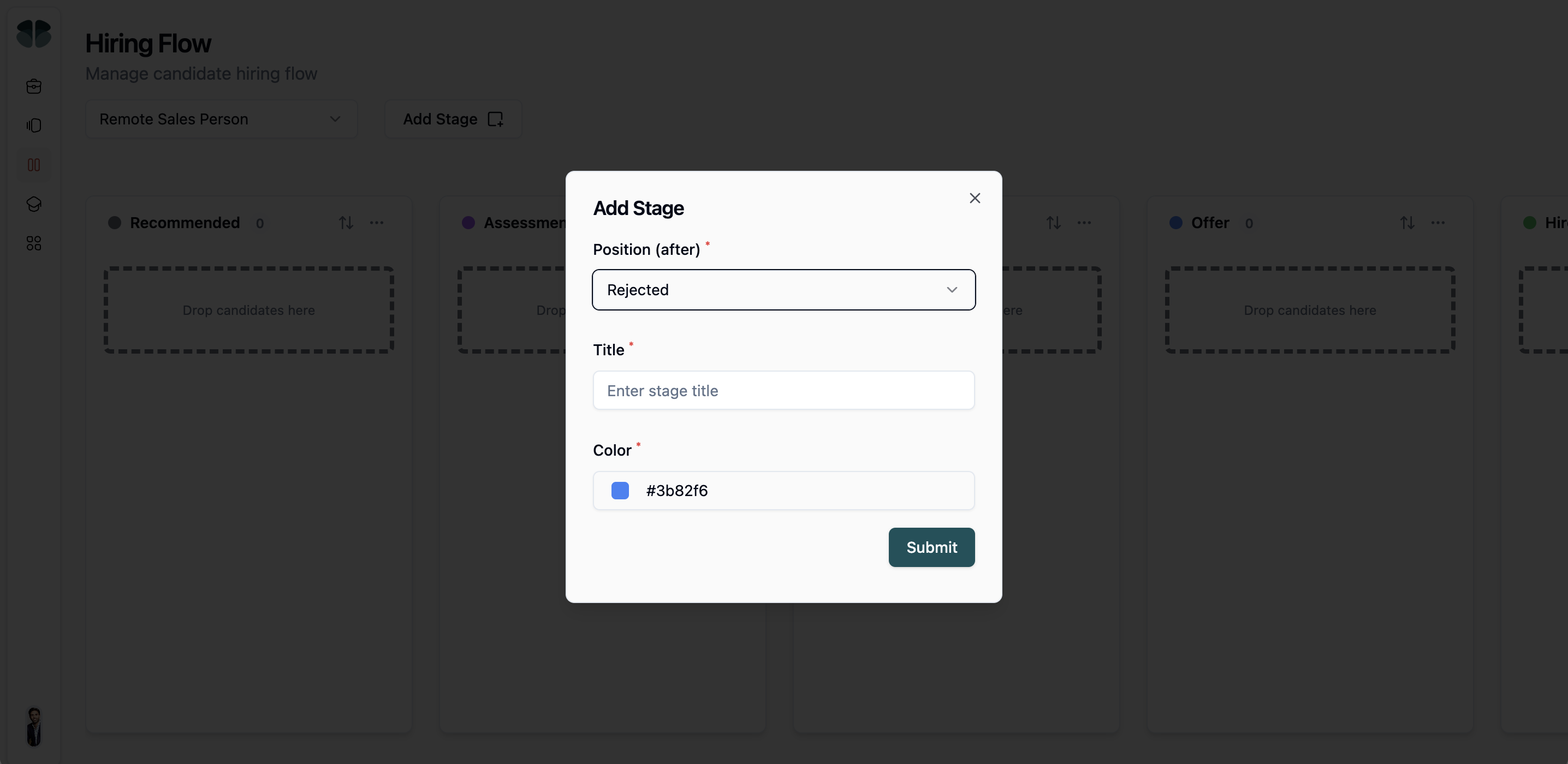 A stage settings modal used to configure rejection templates
