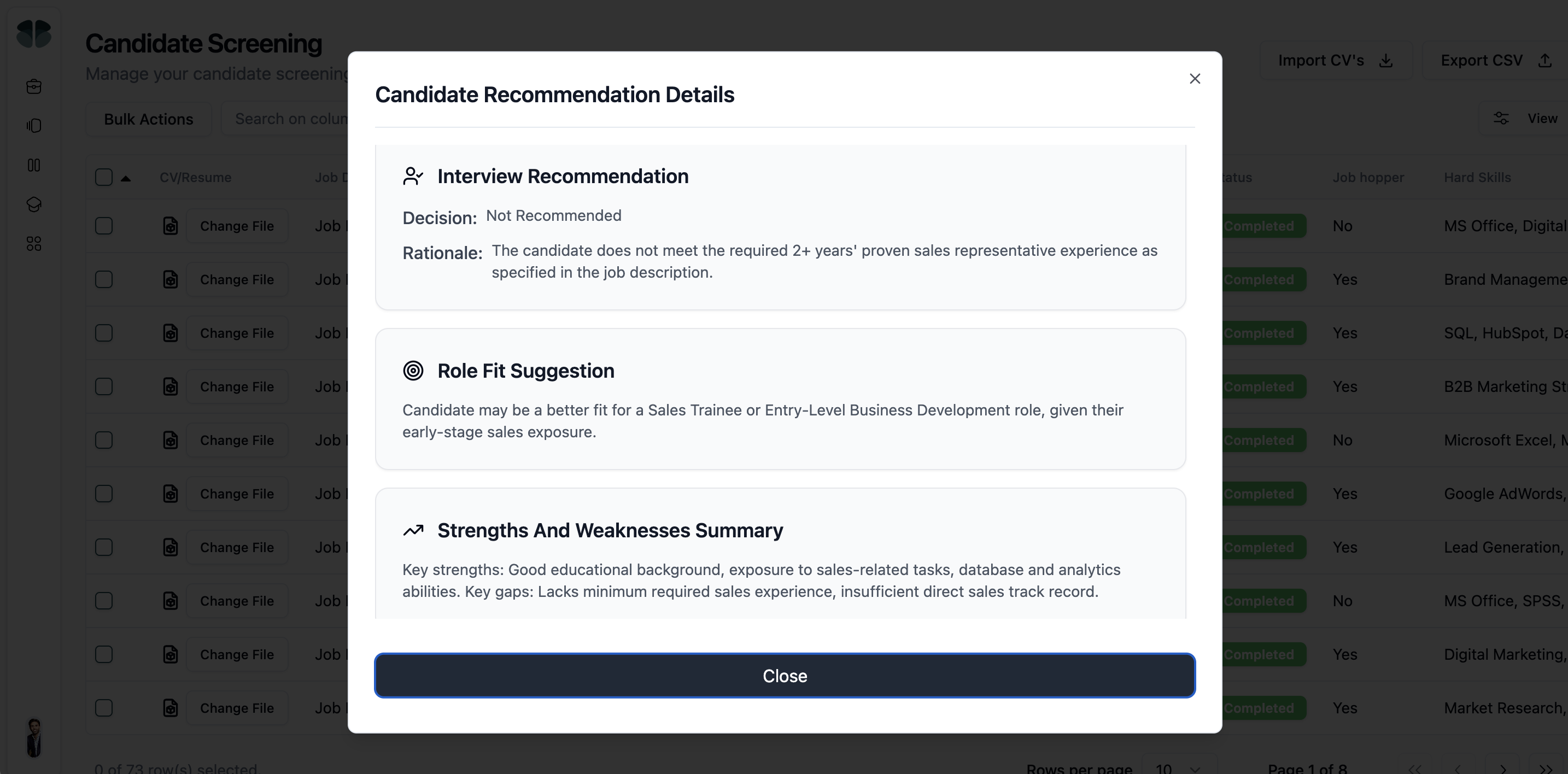 The stage-change confirmation panel with the email preview