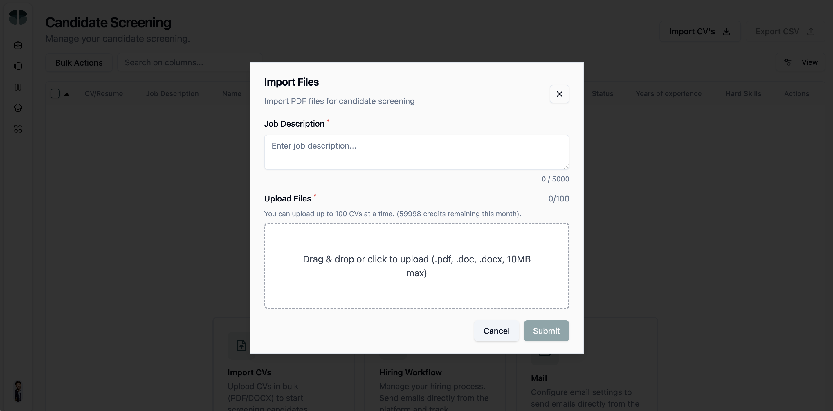 The candidates table with checkboxes selected and bulk actions ready