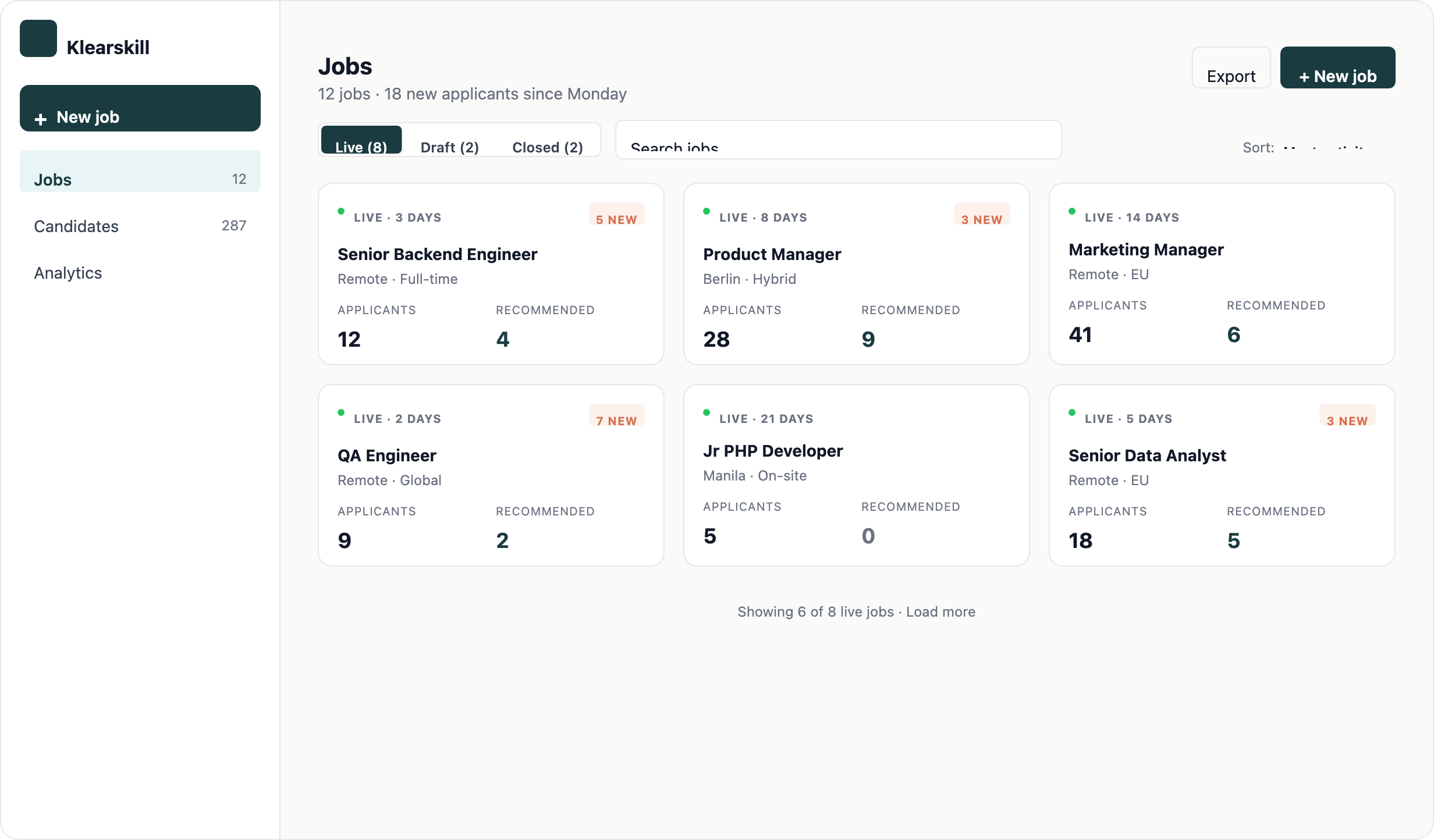 The projects dashboard with the New Job button in the sidebar