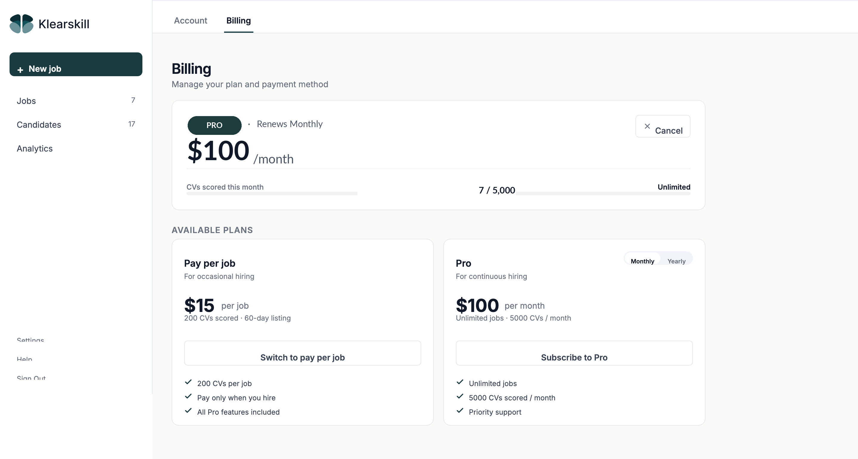 The billing settings page with the current plan and credit balance
