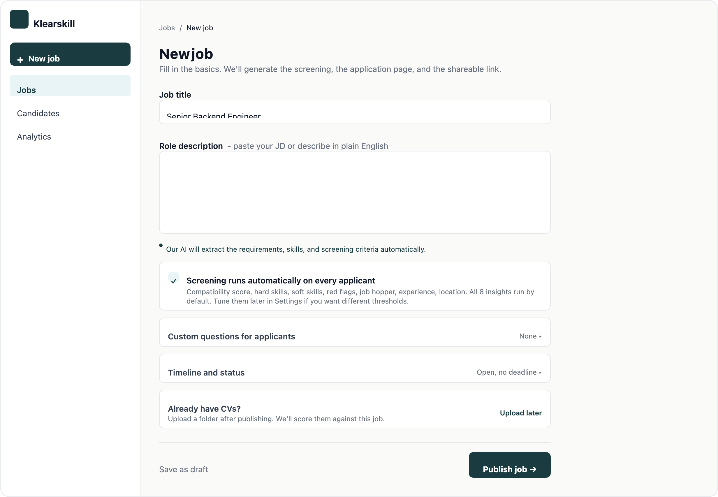 The job create page with sections visible on one scroll