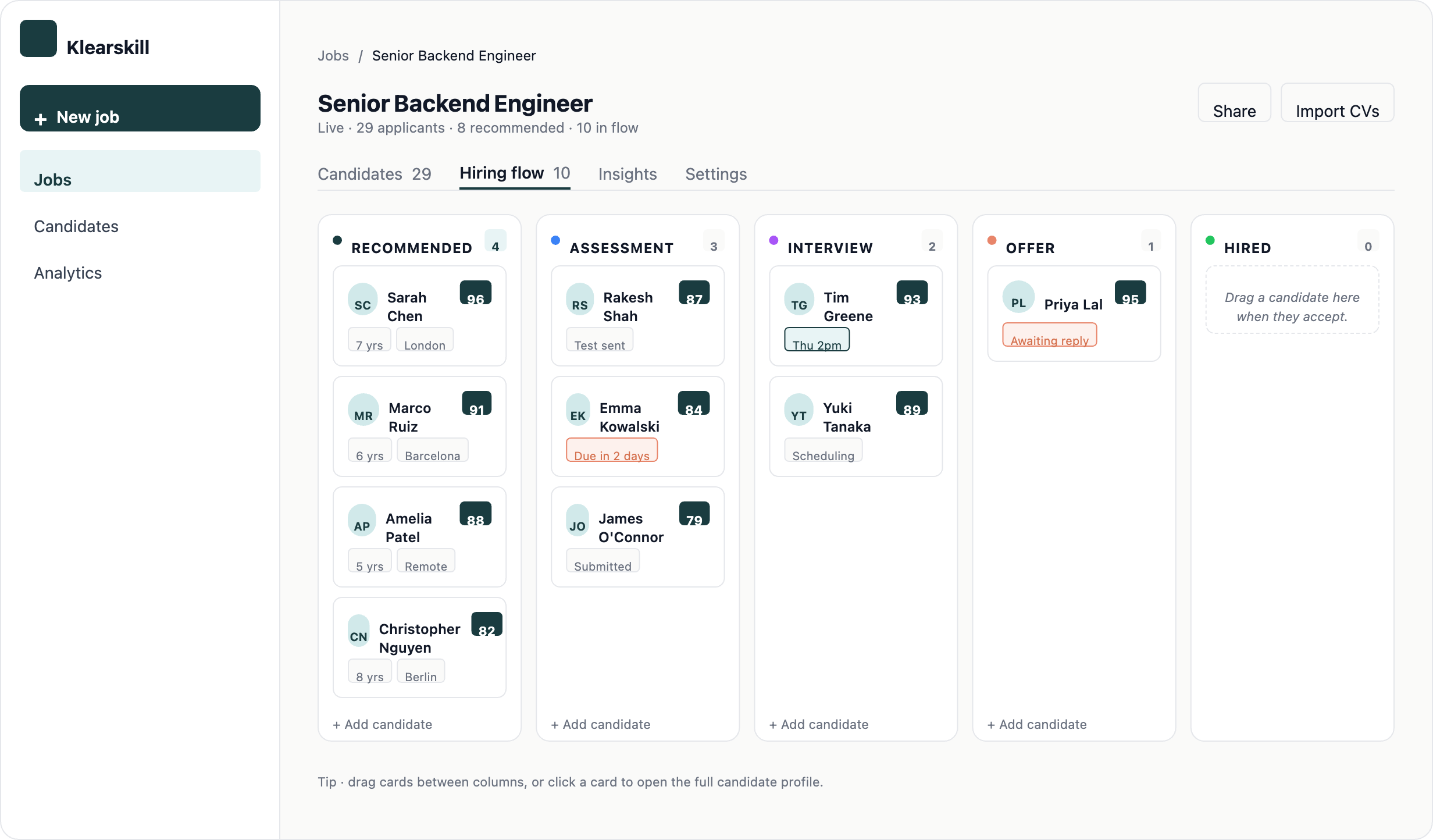 The hiring flow kanban with stages visible
