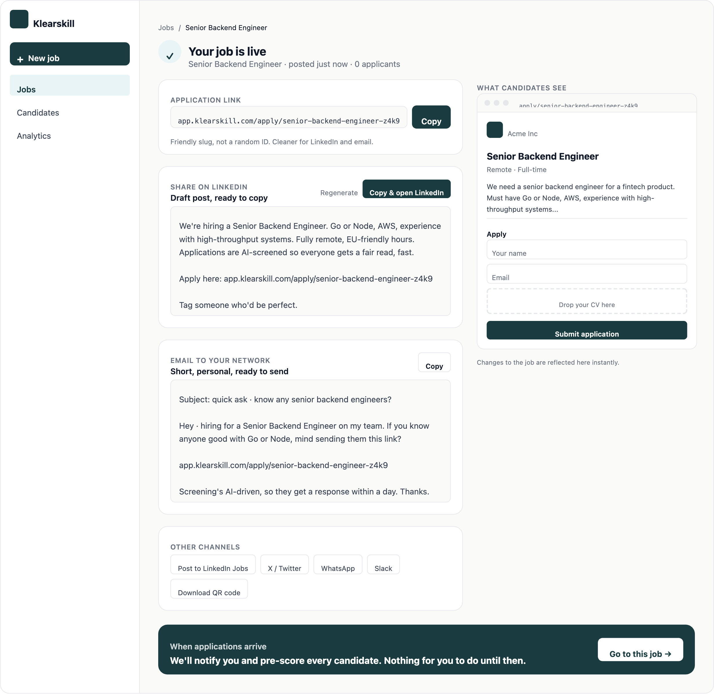 The post-publish screen with the live URL and share copy