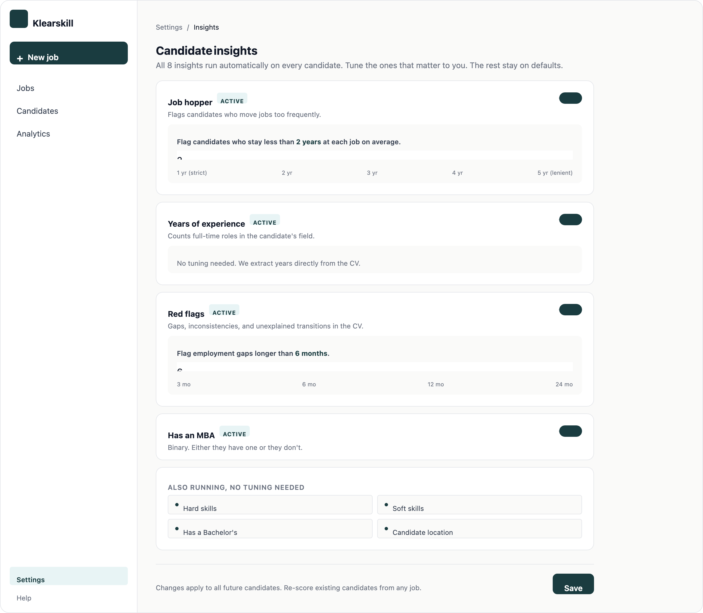 The scoring preferences panel with weight sliders