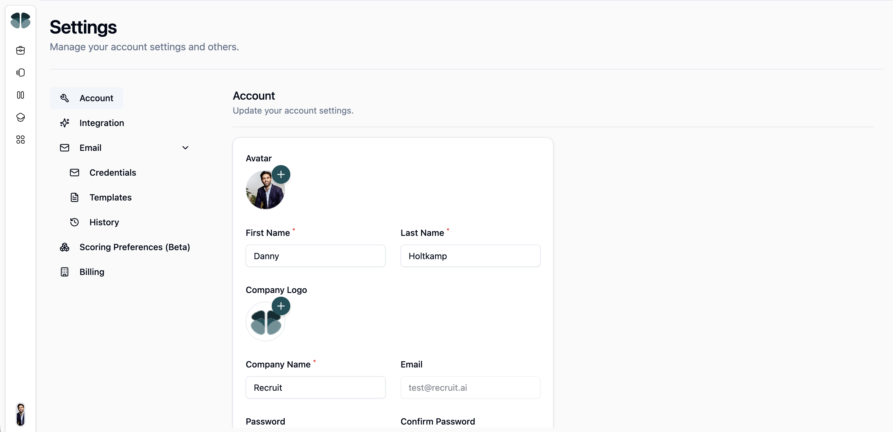 The email settings panel with the sending account and templates